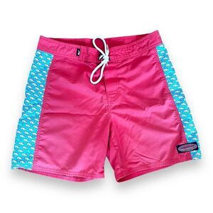 Vineyard Vines Youth Board Shorts Whale Print Side Strip  Pocket Coral/Blue Sz L